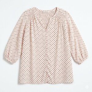 Rose & Olive Plus Size 1X Pink Polka Dot Blouse Smocked Button Front 3/4 Sleeve